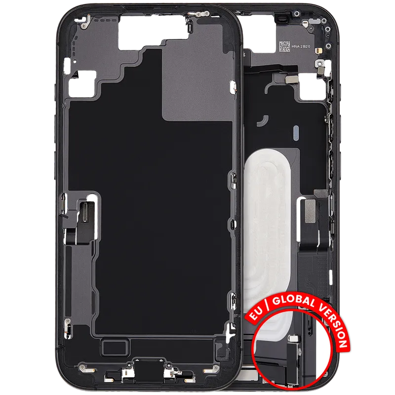 Střední rám (housing) s flexem nabíjecího konektoru a drobnými díly pro iPhone 17 (EU verze) (originál z vyřazeného zařízení, stav B) (černá)