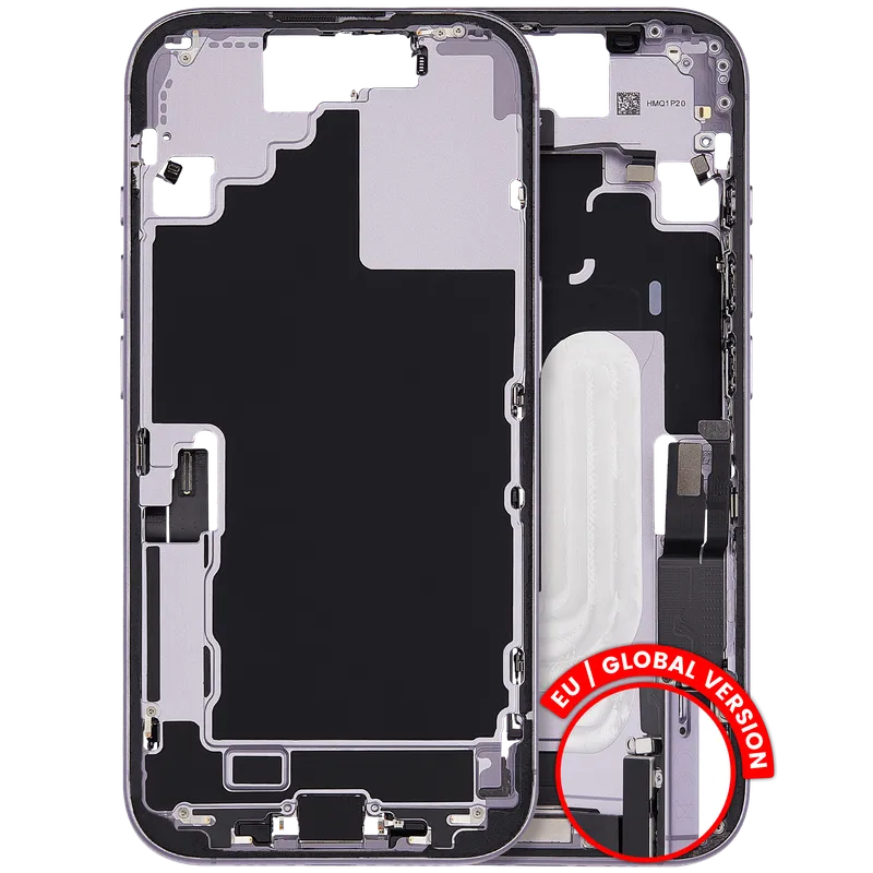 Střední rám (housing) s flexem nabíjecího konektoru a drobnými díly pro iPhone 17 (EU verze) (originál z vyřazeného zařízení, stav B) (levandulová)