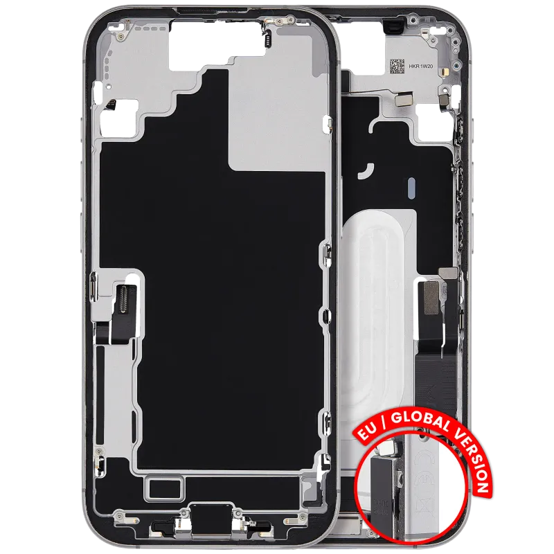 Střední rám (housing) s flexem nabíjecího konektoru a drobnými díly pro iPhone 17 (EU verze) (originál z vyřazeného zařízení, stav A) (bílá)