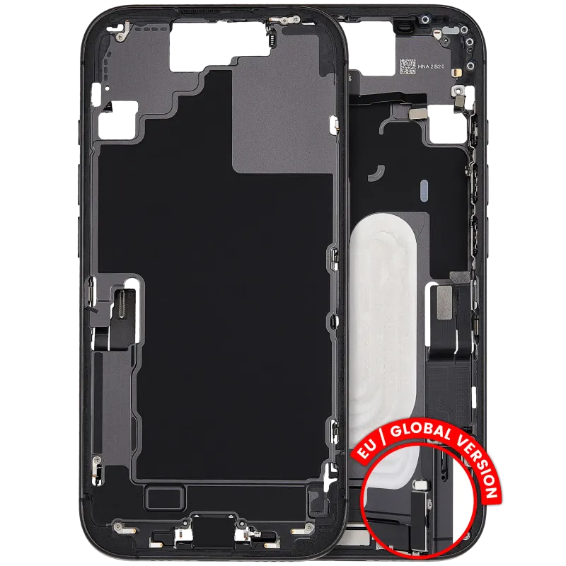 Střední rám (housing) s flexem nabíjecího konektoru a drobnými díly pro iPhone 17 (EU verze) (originál z vyřazeného zařízení, stav A) (černá)