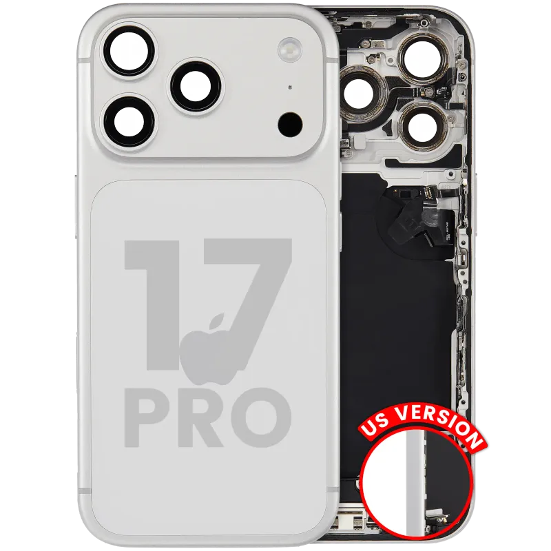 Zadní kryt (housing) s flexem nabíjecího konektoru a drobnými díly pro iPhone 17 Pro (US verze) (originál z vyřazeného zařízení, stav A) (stříbrná)