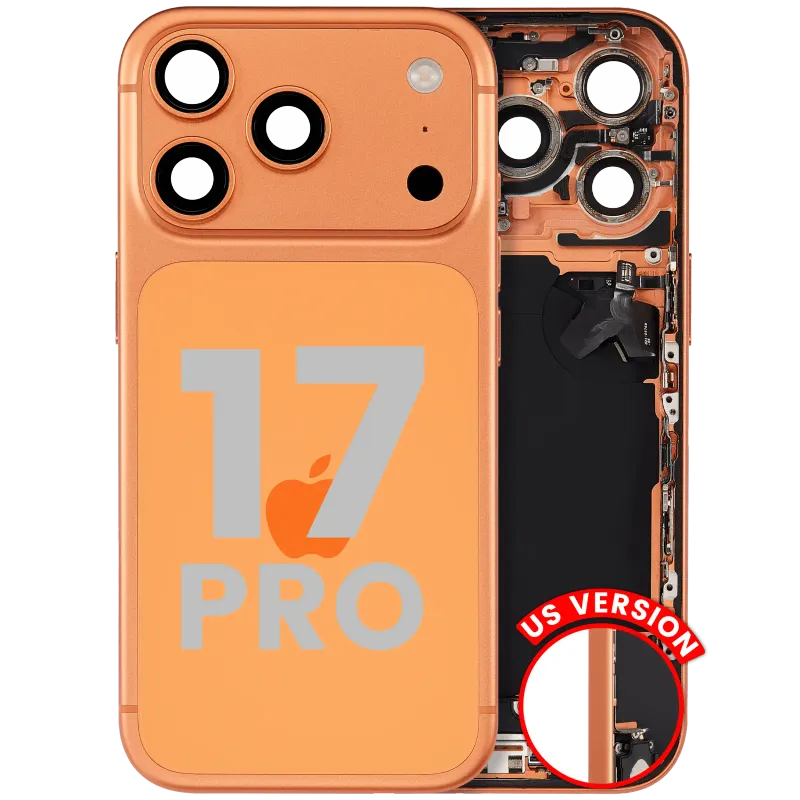 Zadní kryt (housing) s flexem nabíjecího konektoru a drobnými díly pro iPhone 17 Pro (US verze) (originál z vyřazeného zařízení, stav A) (kosmicky oranžová)