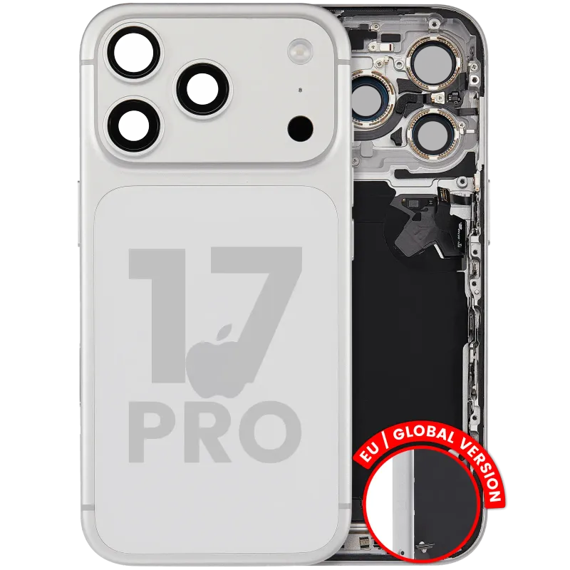 Zadní kryt (housing) s flexem nabíjecího konektoru a drobnými díly pro iPhone 17 Pro (EU verze) (originál z vyřazeného zařízení, stav C) (stříbrná)