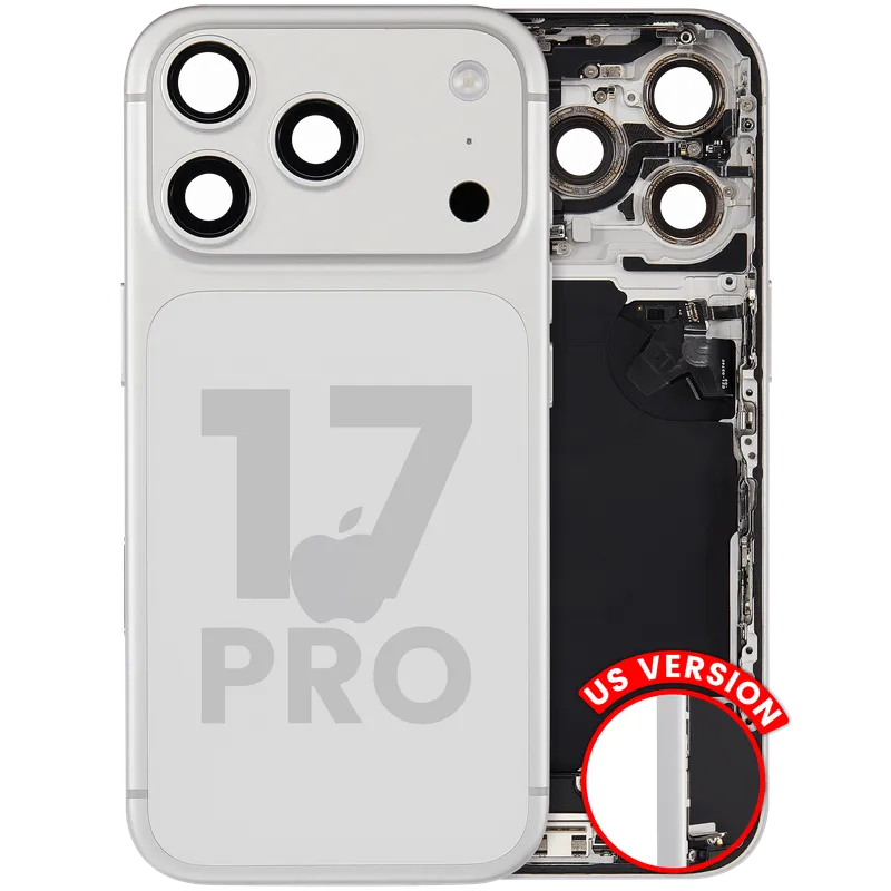 Zadní kryt (housing) s flexem nabíjecího konektoru a drobnými díly pro iPhone 17 Pro (US verze) (originál z vyřazeného zařízení, stav B) (stříbrná)