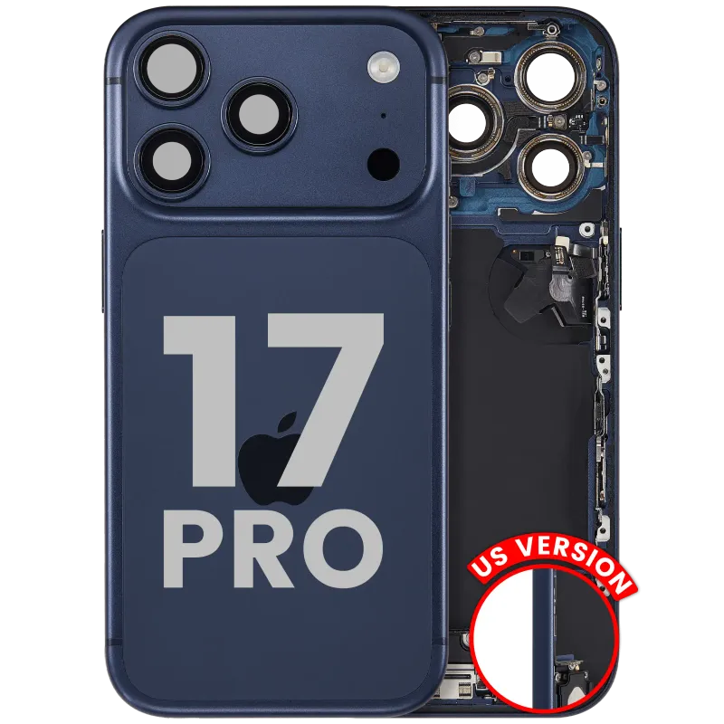 Zadní kryt (housing) s flexem nabíjecího konektoru a drobnými díly pro iPhone 17 Pro (US verze) (originál z vyřazeného zařízení, stav B) (temně modrá)