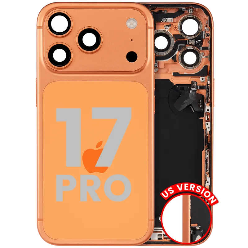 Zadní kryt (housing) s flexem nabíjecího konektoru a drobnými díly pro iPhone 17 Pro (US verze) (originál z vyřazeného zařízení, stav B) (kosmicky oranžová)
