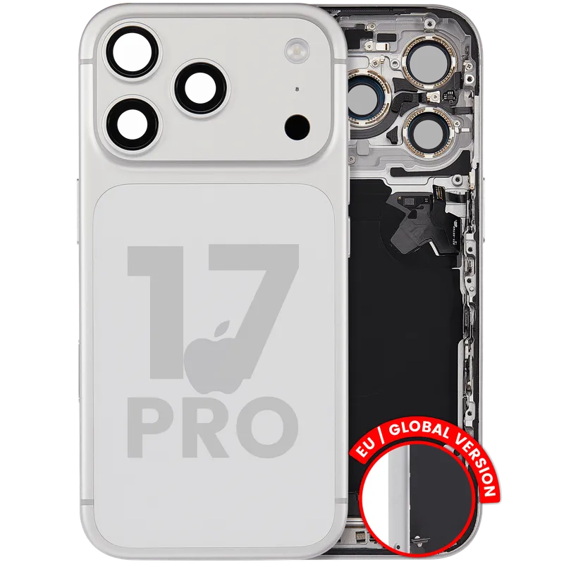 Zadní kryt (housing) s flexem nabíjecího konektoru a drobnými díly pro iPhone 17 Pro (EU verze) (originál z vyřazeného zařízení, stav B) (stříbrná)