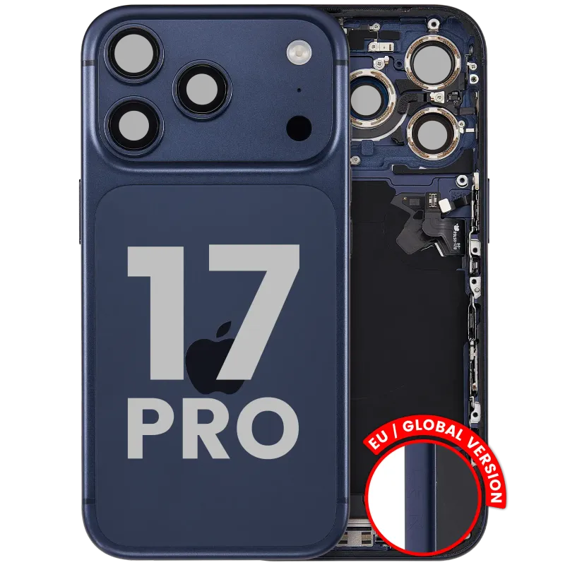 Zadní kryt (housing) s flexem nabíjecího konektoru a drobnými díly pro iPhone 17 Pro (EU verze) (originál z vyřazeného zařízení, stav A) (temně modrá)