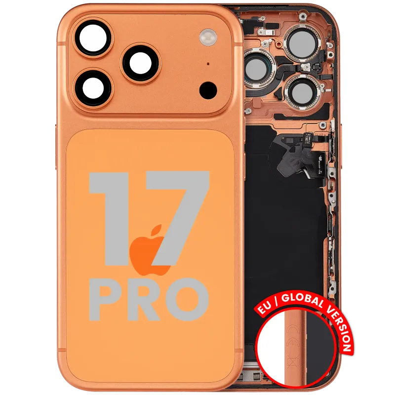 Zadní kryt (housing) s flexem nabíjecího konektoru a drobnými díly pro iPhone 17 Pro (EU verze) (originál z vyřazeného zařízení, stav A) (kosmicky oranžová)