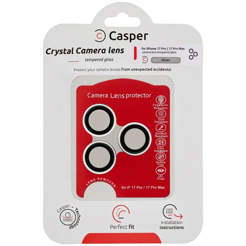 Ochrana objektivu Casper pro iPhone 17 Pro / 17 Pro Max (stříbrná) (průhledné)