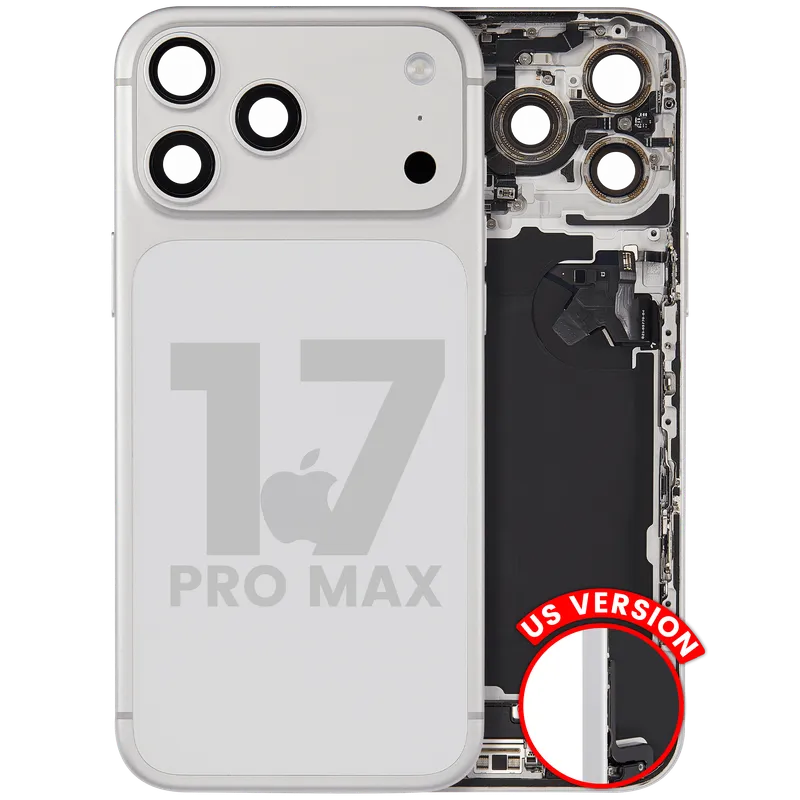 Zadní kryt (housing) s flexem nabíjecího konektoru a drobnými díly pro iPhone 17 Pro Max (US verze) (originál z vyřazeného zařízení, stav A) (stříbrná)
