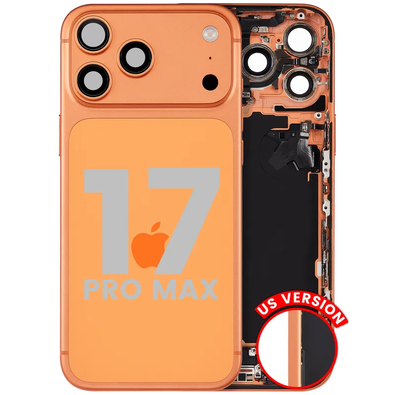Zadní kryt (housing) s flexem nabíjecího konektoru a drobnými díly pro iPhone 17 Pro Max (US verze) (originál z vyřazeného zařízení, stav A) (kosmicky oranžová)