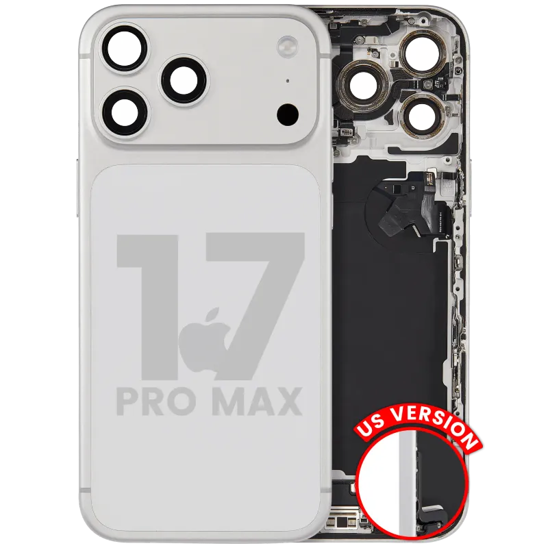 Zadní kryt (housing) s flexem nabíjecího konektoru a drobnými díly pro iPhone 17 Pro Max (US verze) (originál z vyřazeného zařízení, stav C) (stříbrná)