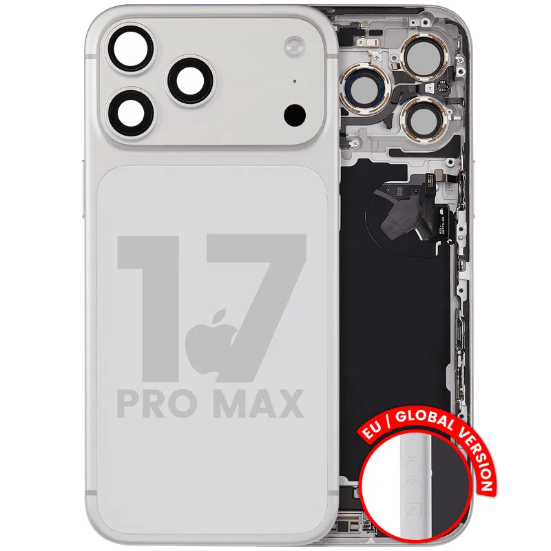 Zadní kryt (housing) s flexem nabíjecího konektoru a drobnými díly pro iPhone 17 Pro Max (EU verze) (originál z vyřazeného zařízení, stav C) (stříbrná)