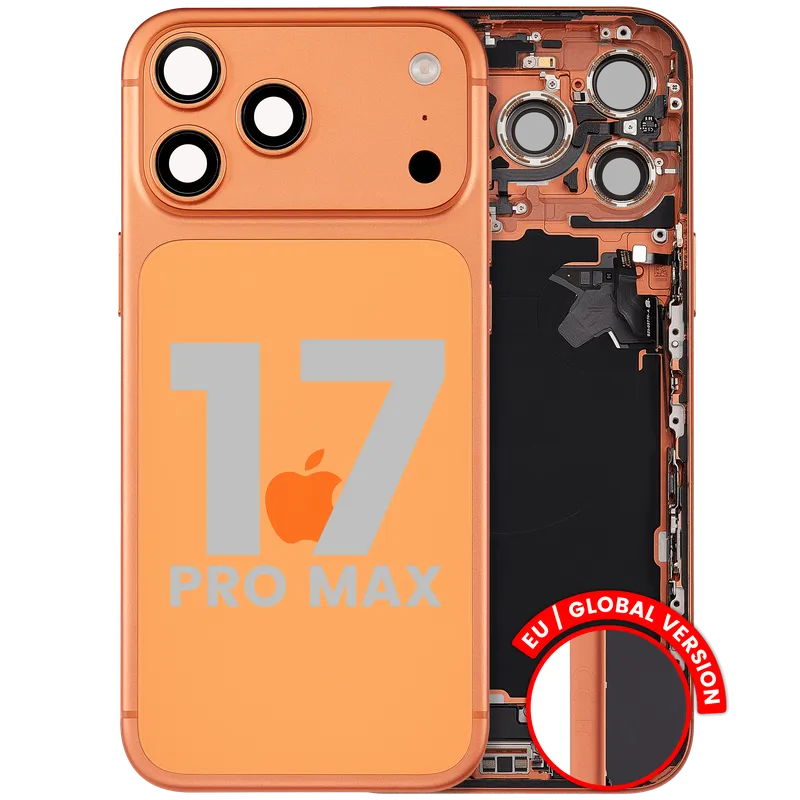 Zadní kryt (housing) s flexem nabíjecího konektoru a drobnými díly pro iPhone 17 Pro Max (EU verze) (originál z vyřazeného zařízení, stav C) (kosmicky oranžová)