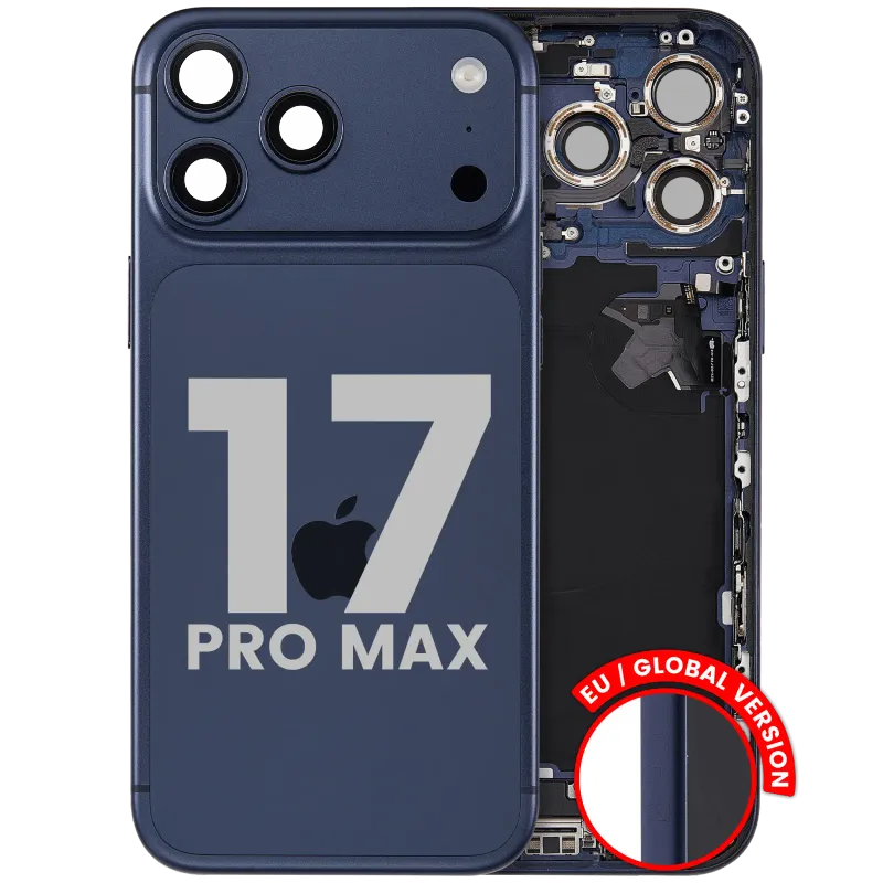 Zadní kryt (housing) s flexem nabíjecího konektoru a drobnými díly pro iPhone 17 Pro Max (EU verze) (originál z vyřazeného zařízení, stav C) (temně modrá)