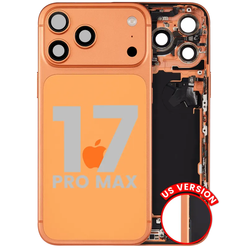 Zadní kryt (housing) s flexem nabíjecího konektoru a drobnými díly pro iPhone 17 Pro Max (US verze) (originál z vyřazeného zařízení, stav B) (kosmicky oranžová)