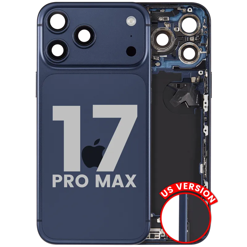 Zadní kryt (housing) s flexem nabíjecího konektoru a drobnými díly pro iPhone 17 Pro Max (US verze) (originál z vyřazeného zařízení, stav B) (temně modrá)