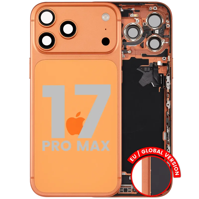 Zadní kryt (housing) s flexem nabíjecího konektoru a drobnými díly pro iPhone 17 Pro Max (EU verze) (originál z vyřazeného zařízení, stav B) (kosmicky oranžová)
