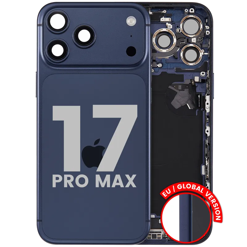 Zadní kryt (housing) s flexem nabíjecího konektoru a drobnými díly pro iPhone 17 Pro Max (EU verze) (originál z vyřazeného zařízení, stav B) (temně modrá)