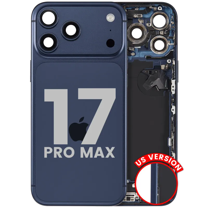 Zadní kryt (housing) s flexem nabíjecího konektoru a drobnými díly pro iPhone 17 Pro Max (US verze) (originál z vyřazeného zařízení, stav A) (temně modrá)