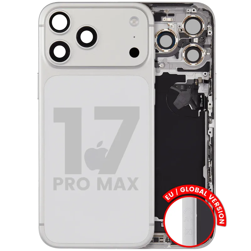 Zadní kryt (housing) s flexem nabíjecího konektoru a drobnými díly pro iPhone 17 Pro Max (EU verze) (originál z vyřazeného zařízení, stav A) (stříbrná)