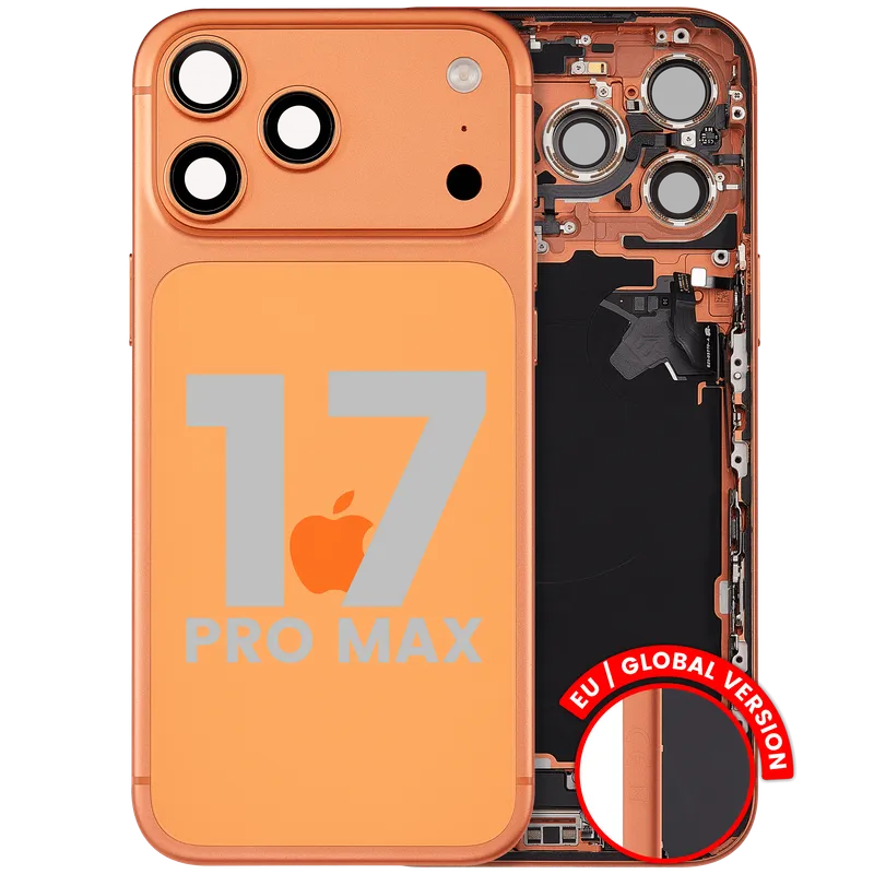 Zadní kryt (housing) s flexem nabíjecího konektoru a drobnými díly pro iPhone 17 Pro Max (EU verze) (originál z vyřazeného zařízení, stav A) (kosmicky oranžová)